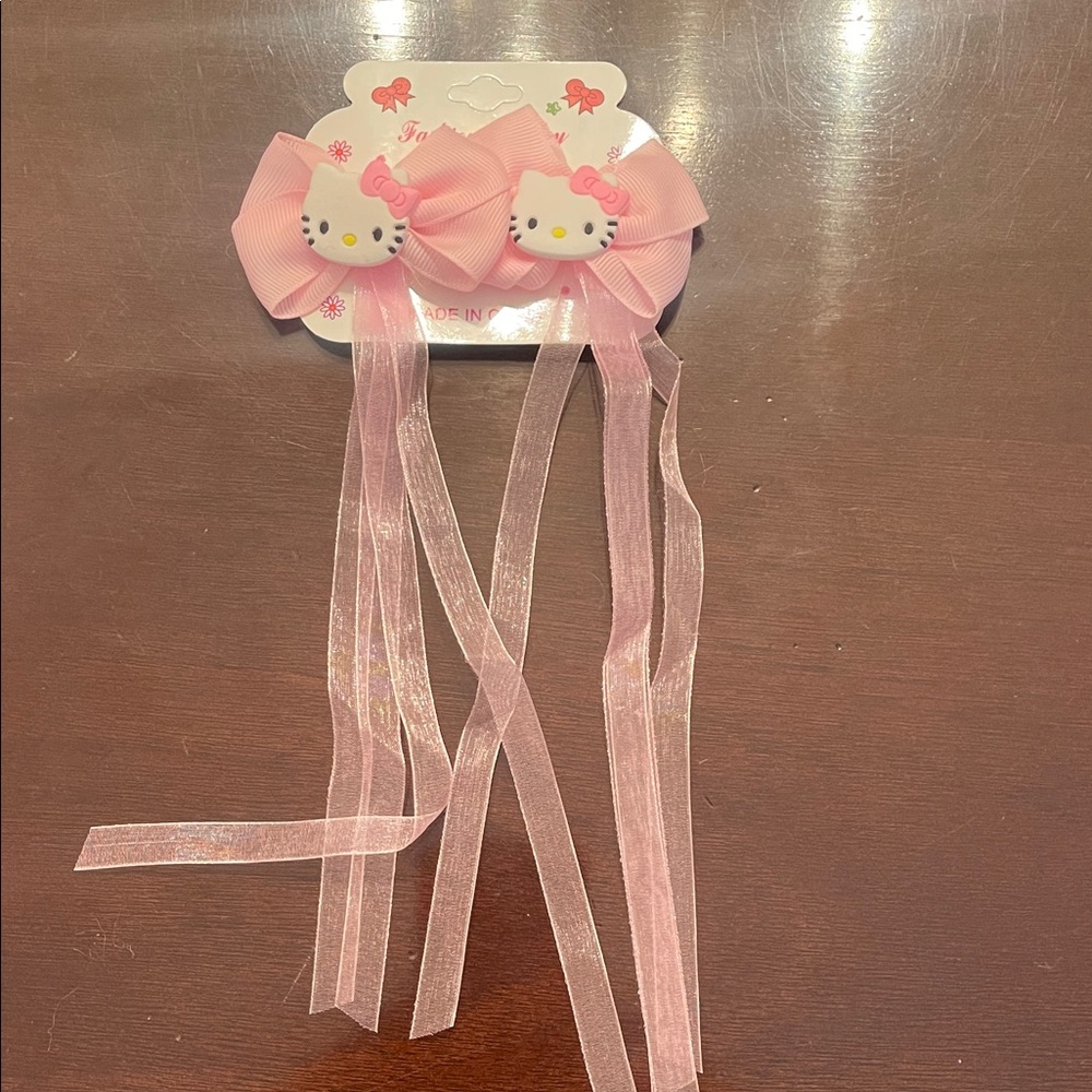 Hello Kitty Pink Hair Bows set of two clips with streaming ribbon nwt
